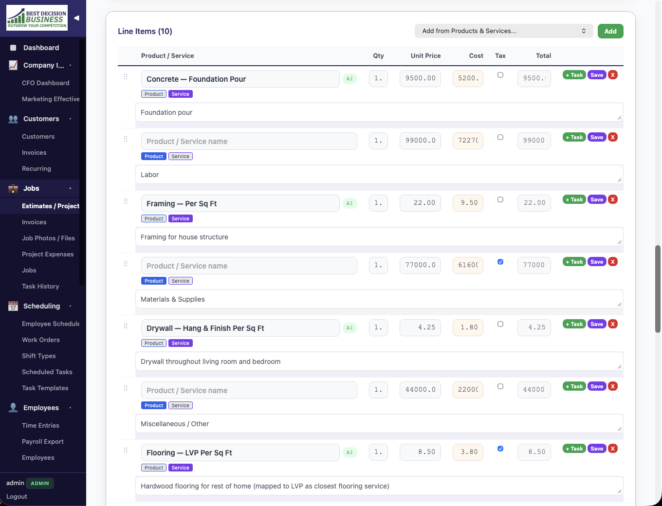 Estimate line items with products, quantities, and pricing detail