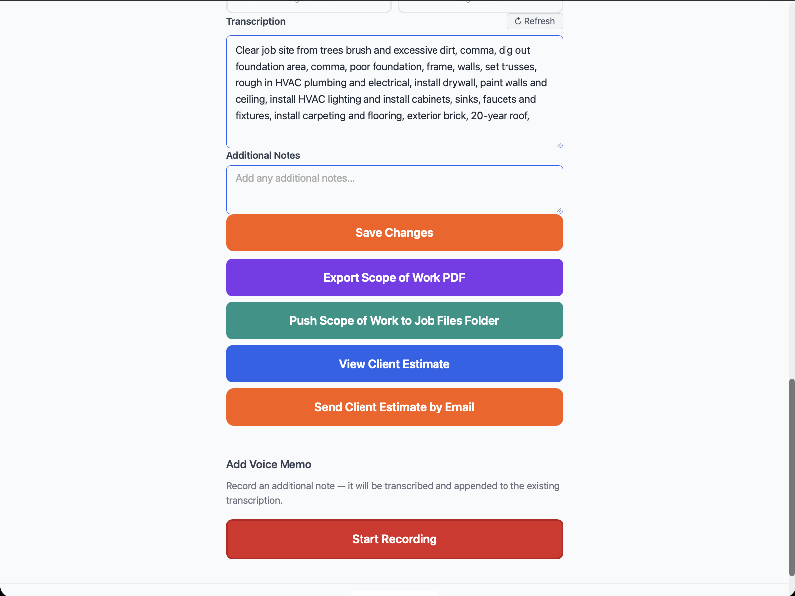 Voice-to-estimate with transcription and export