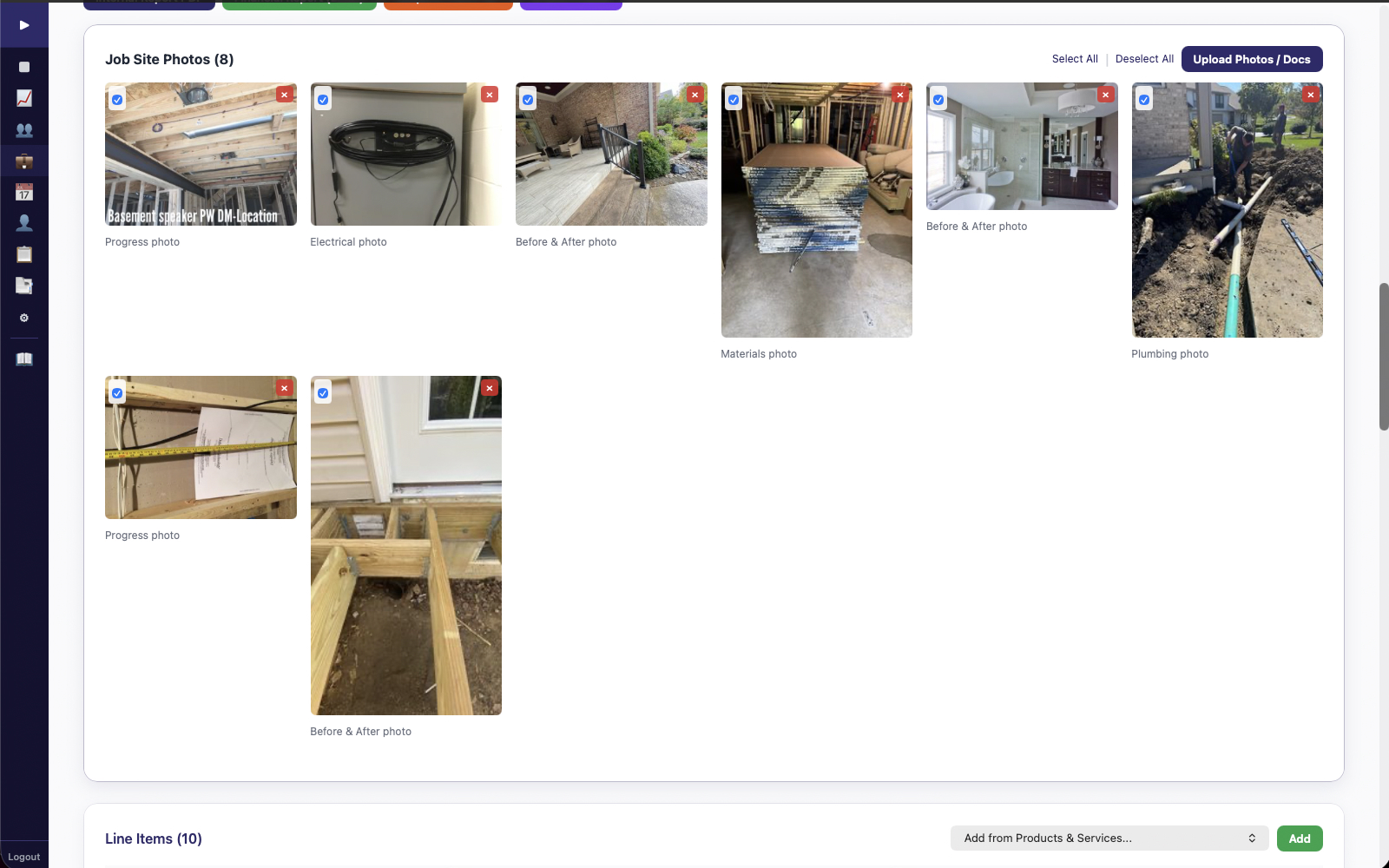 Job site photos with AI classification labels organized by category