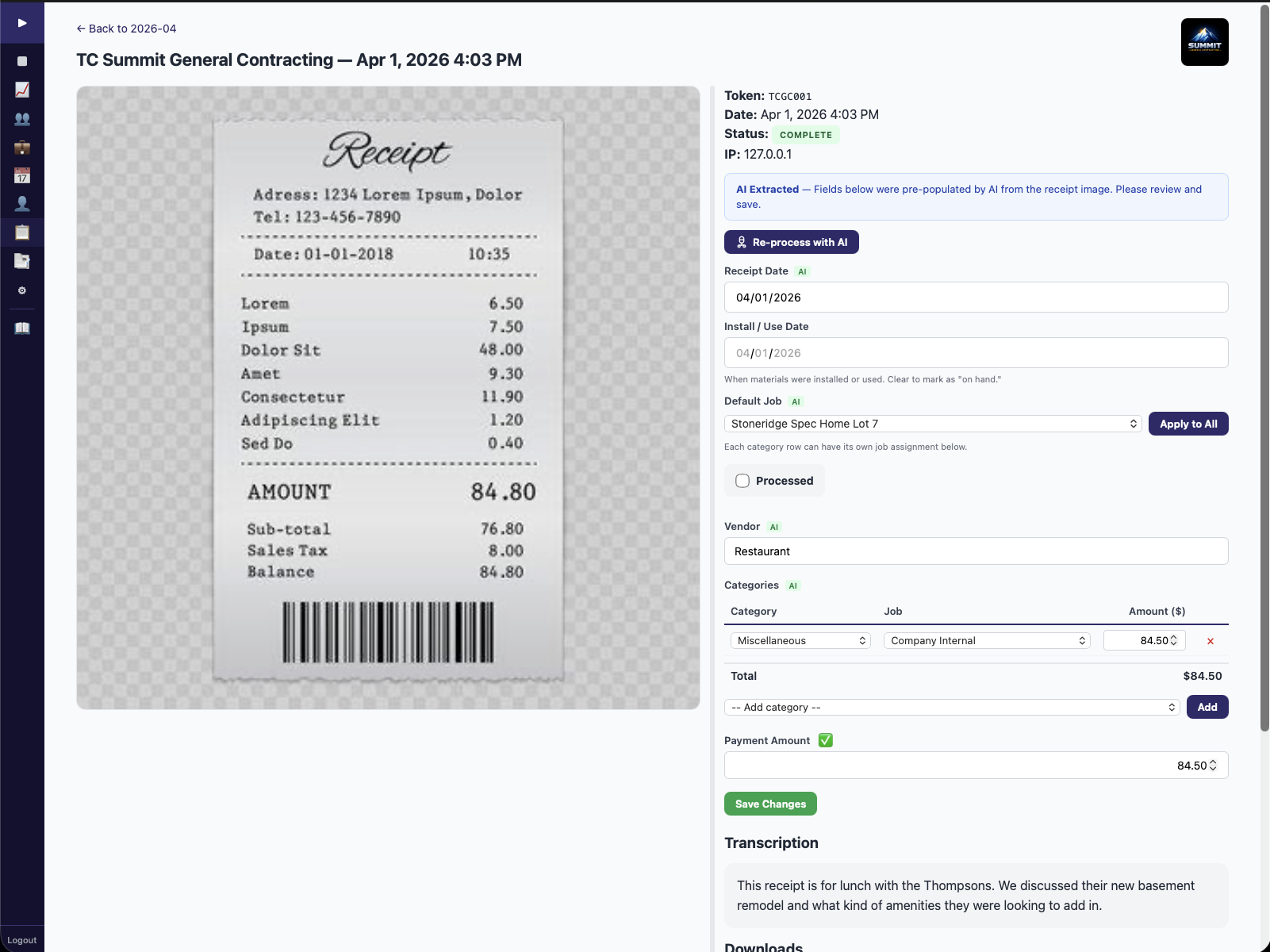 Receipt detail with AI-extracted fields, job assignment, and QBO sync