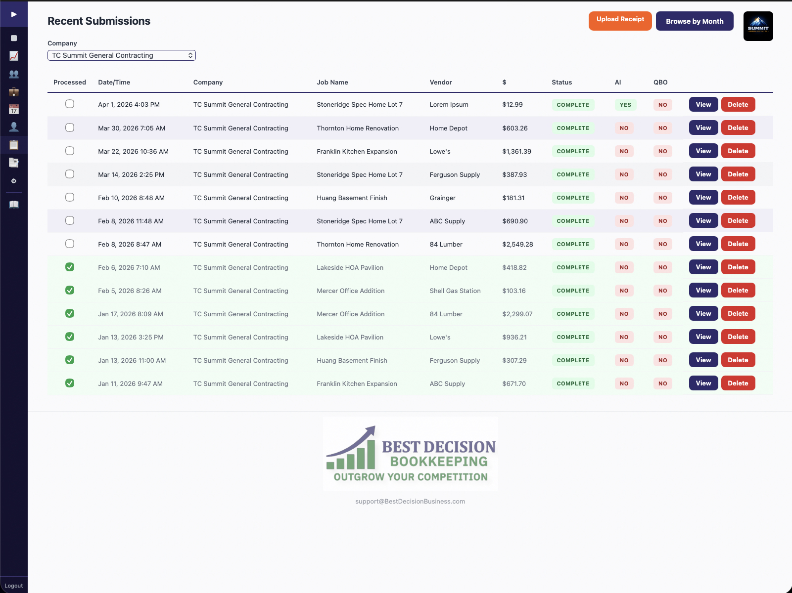 Receipt submissions list with AI and QBO status