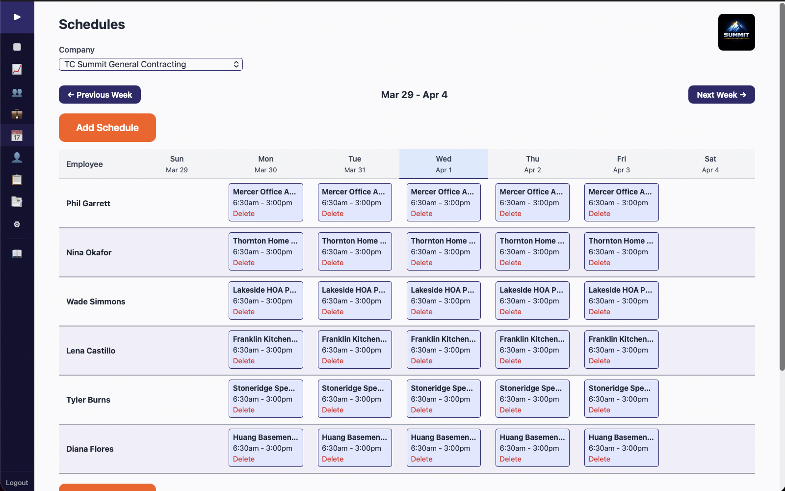 Weekly employee schedule grid with all crew assignments