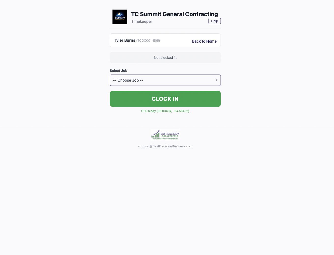 Timekeeper GPS clock-in screen on mobile