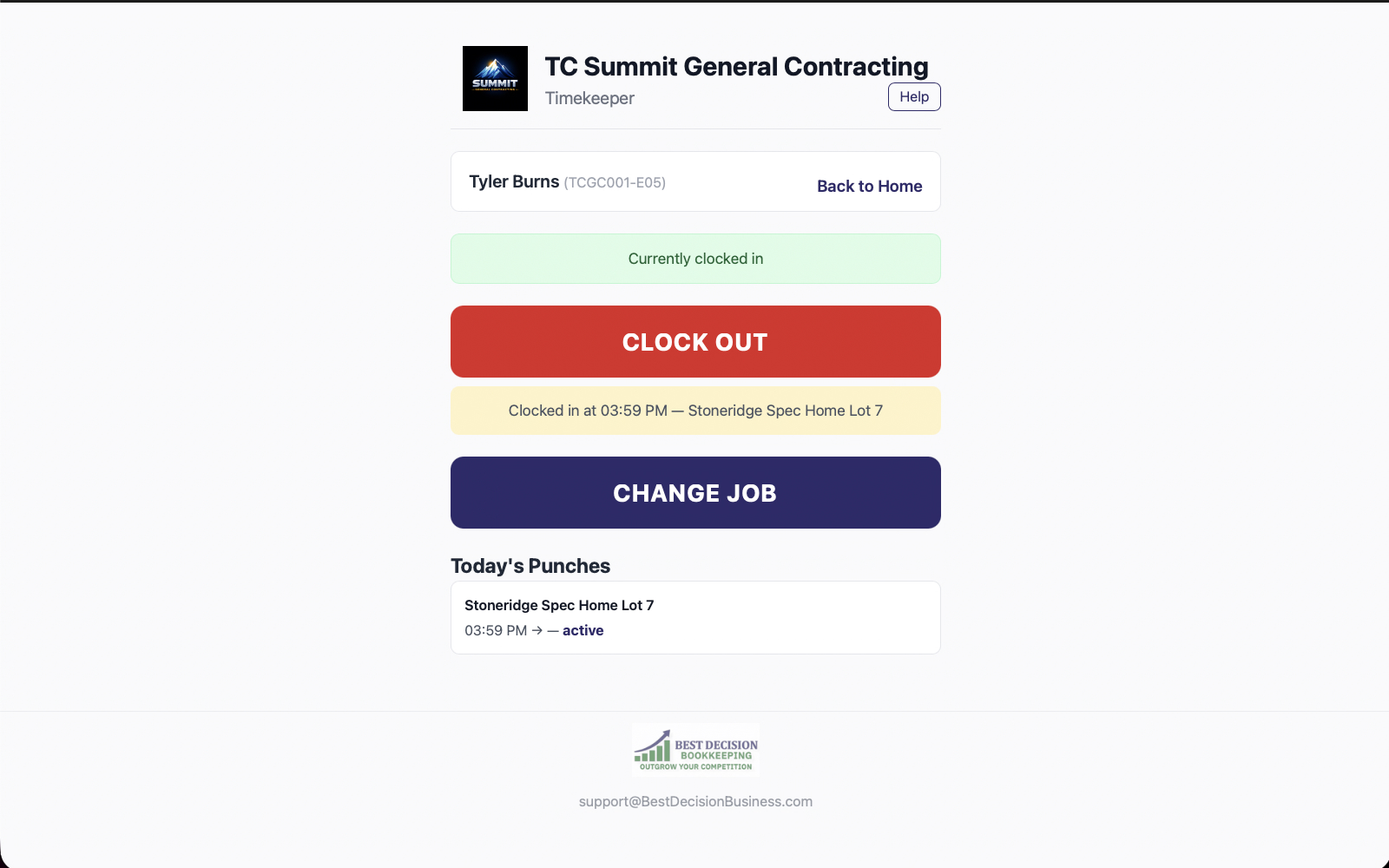Timekeeper showing clocked-in status with GPS verification and today's punches