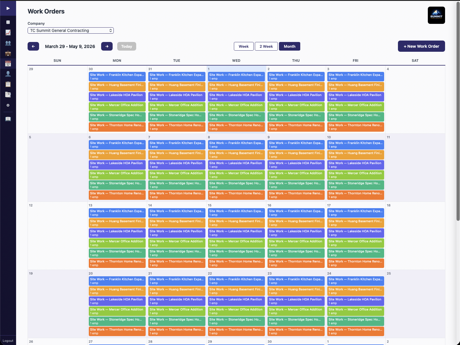 Work Orders calendar with color-coded jobs and recurrence patterns
